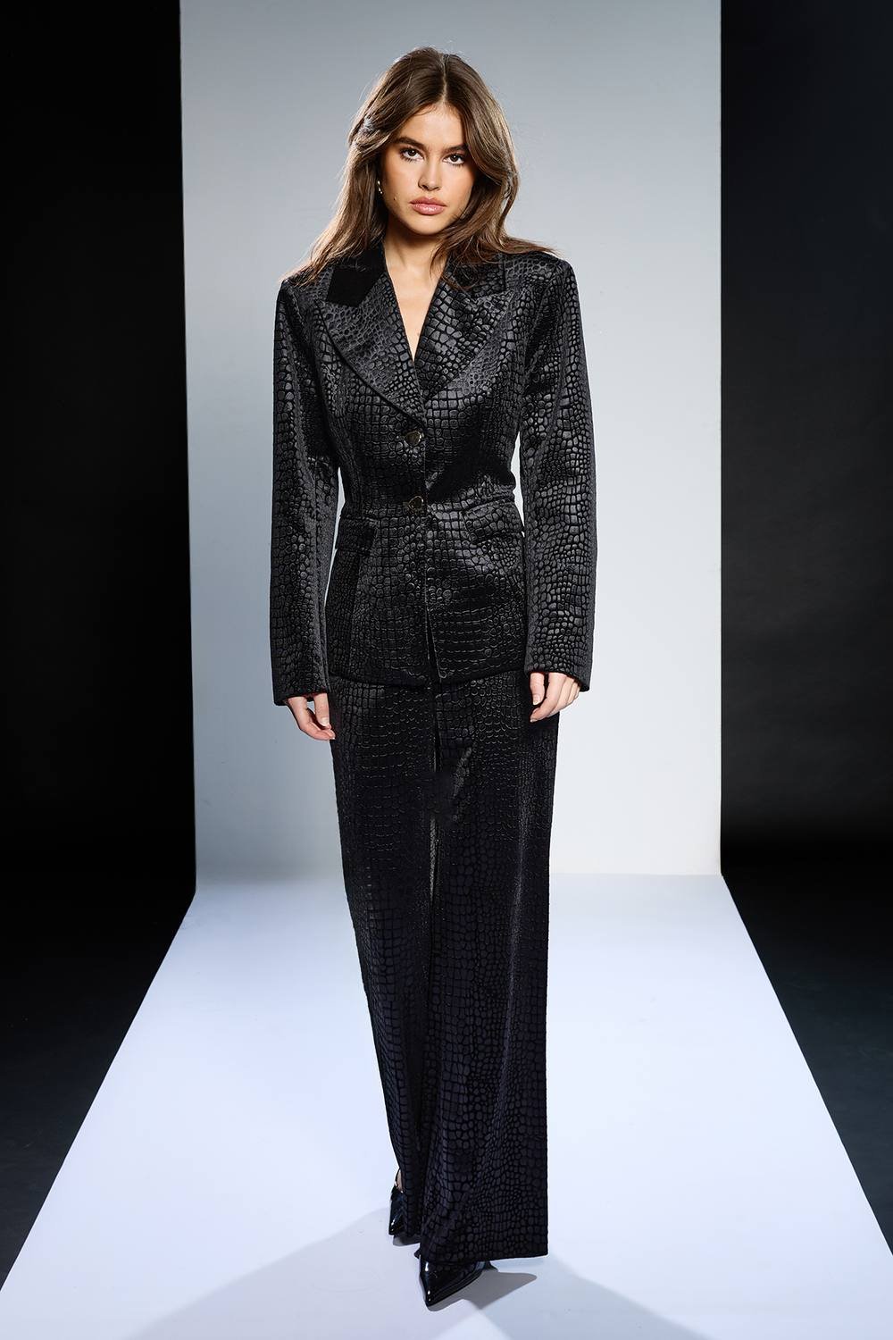 RUNWAY 1.8.1.8 RUNWAY 1.8.1.8 Women's Croc Jacquard Velvet Trouser in Black - 2