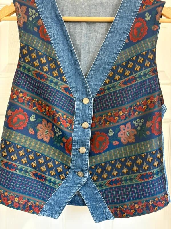 St Michael Women’s Vintage 90s St Michael Blue Denim Tapestry Waistcoat Boho Floral Brocade Vest Size 12