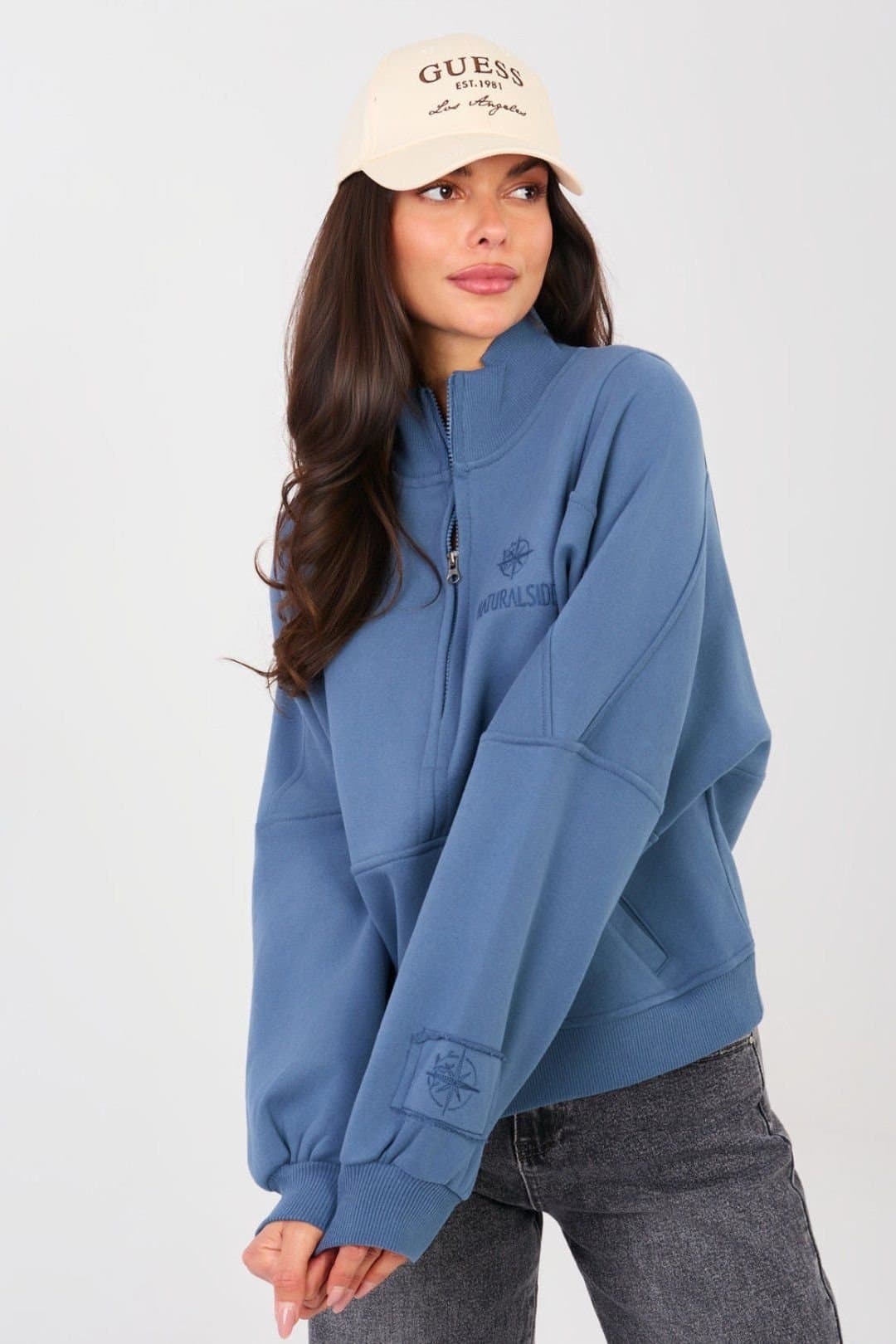 Love Lace Love Lace Women's Cotton Blend Half Zip Stand Collar Sweatshirt Style 224332 in Blue