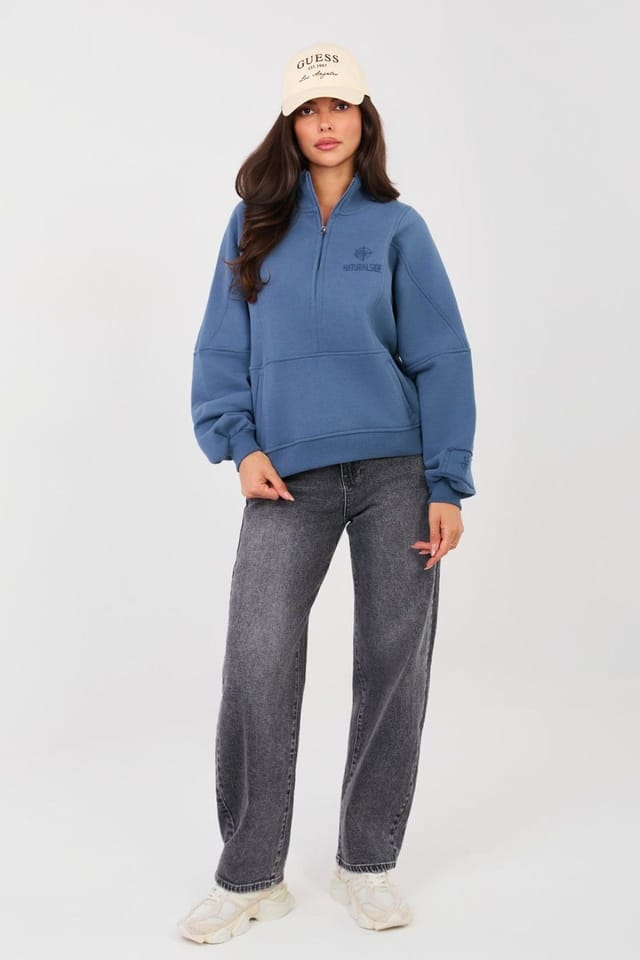Love Lace Love Lace Women's Cotton Blend Half Zip Stand Collar Sweatshirt Style 224332 in Blue - 2