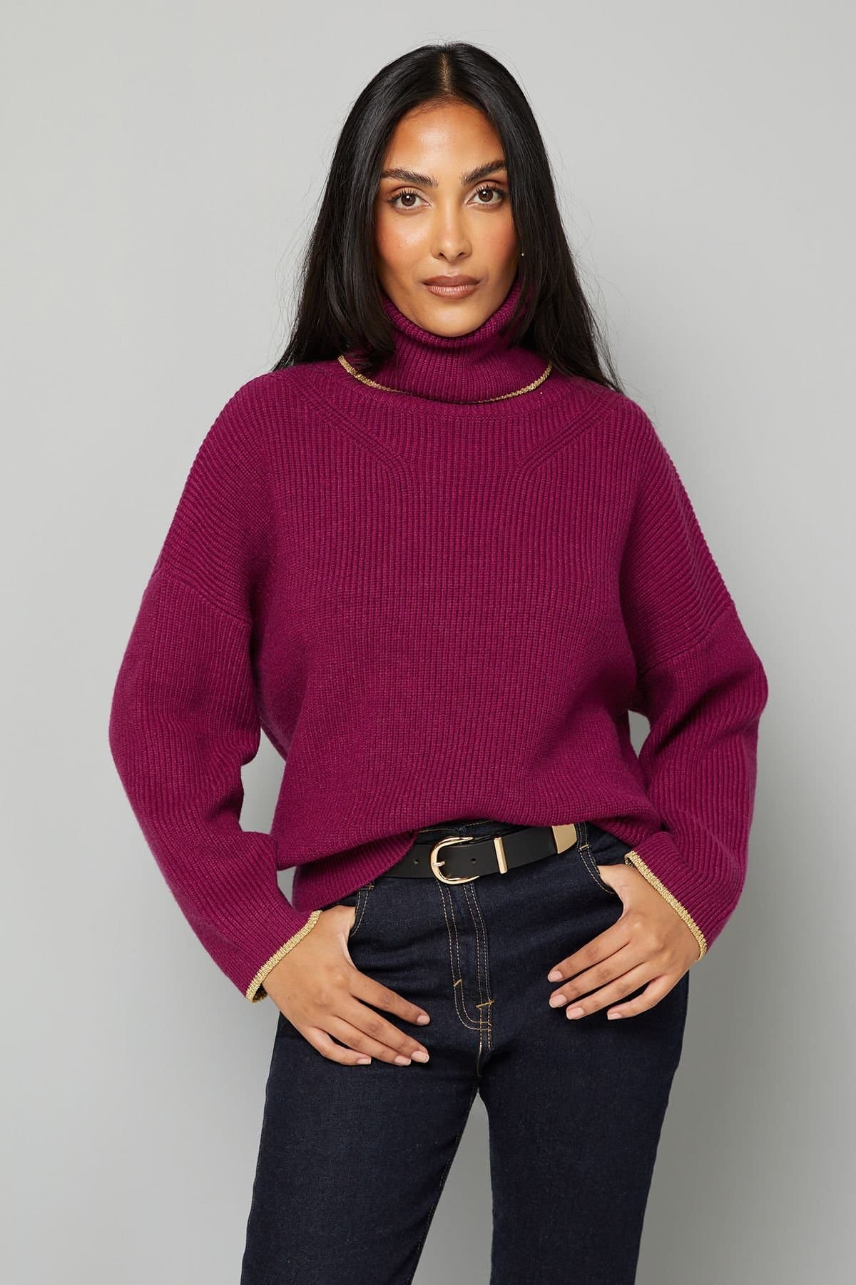 Wallis Wallis Plum Roll Neck Jumper with Gold Detail