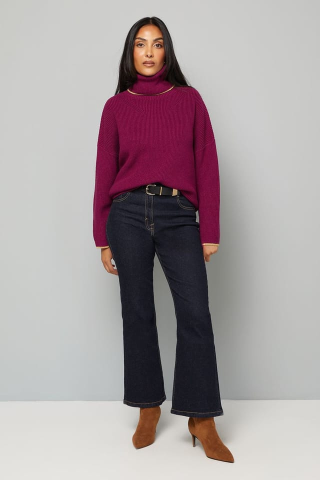 Wallis Wallis Women's Petite Roll Neck Gold Detail Jumper in Plum - 2