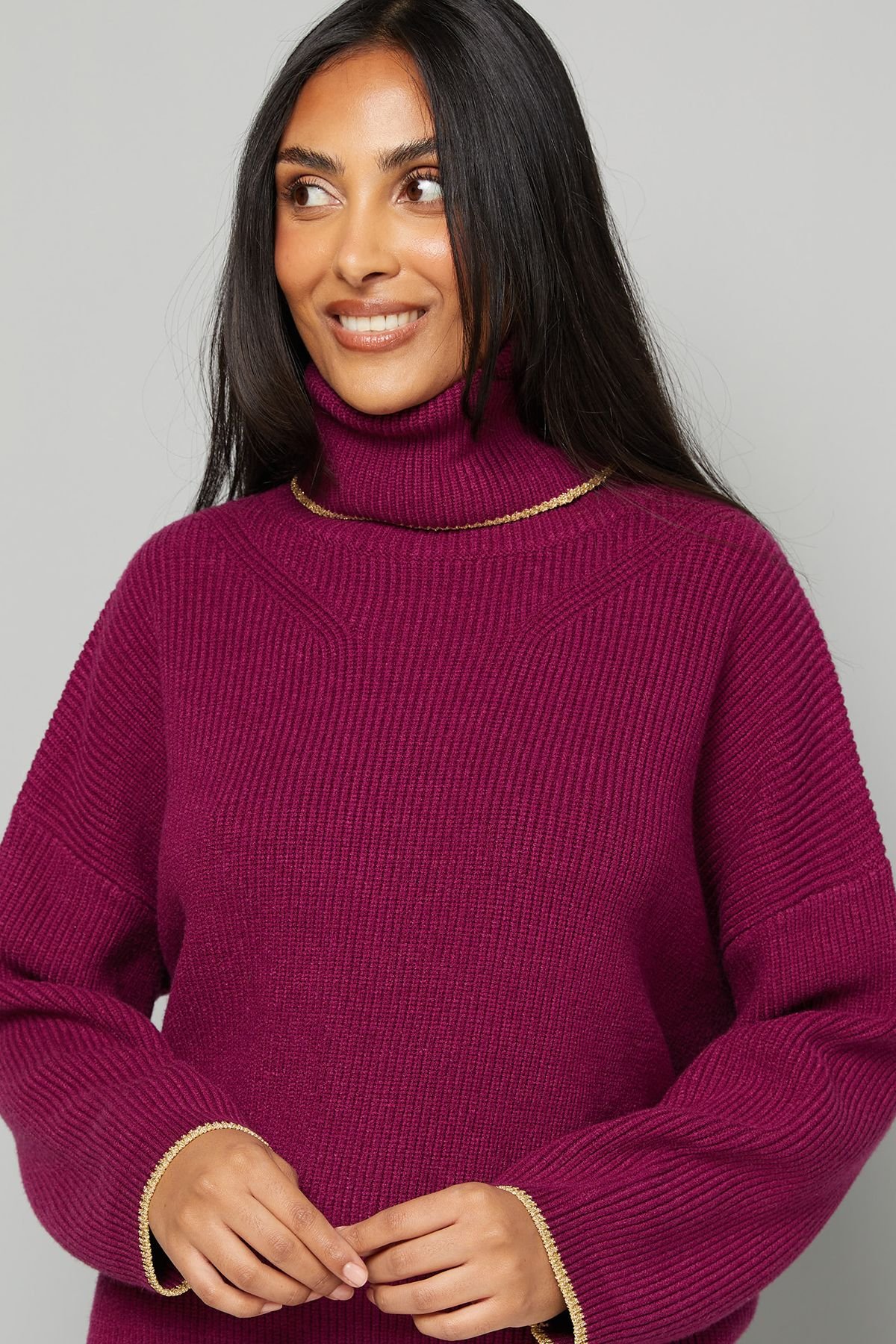 Wallis Wallis Women's Petite Roll Neck Gold Detail Jumper in Plum - 3