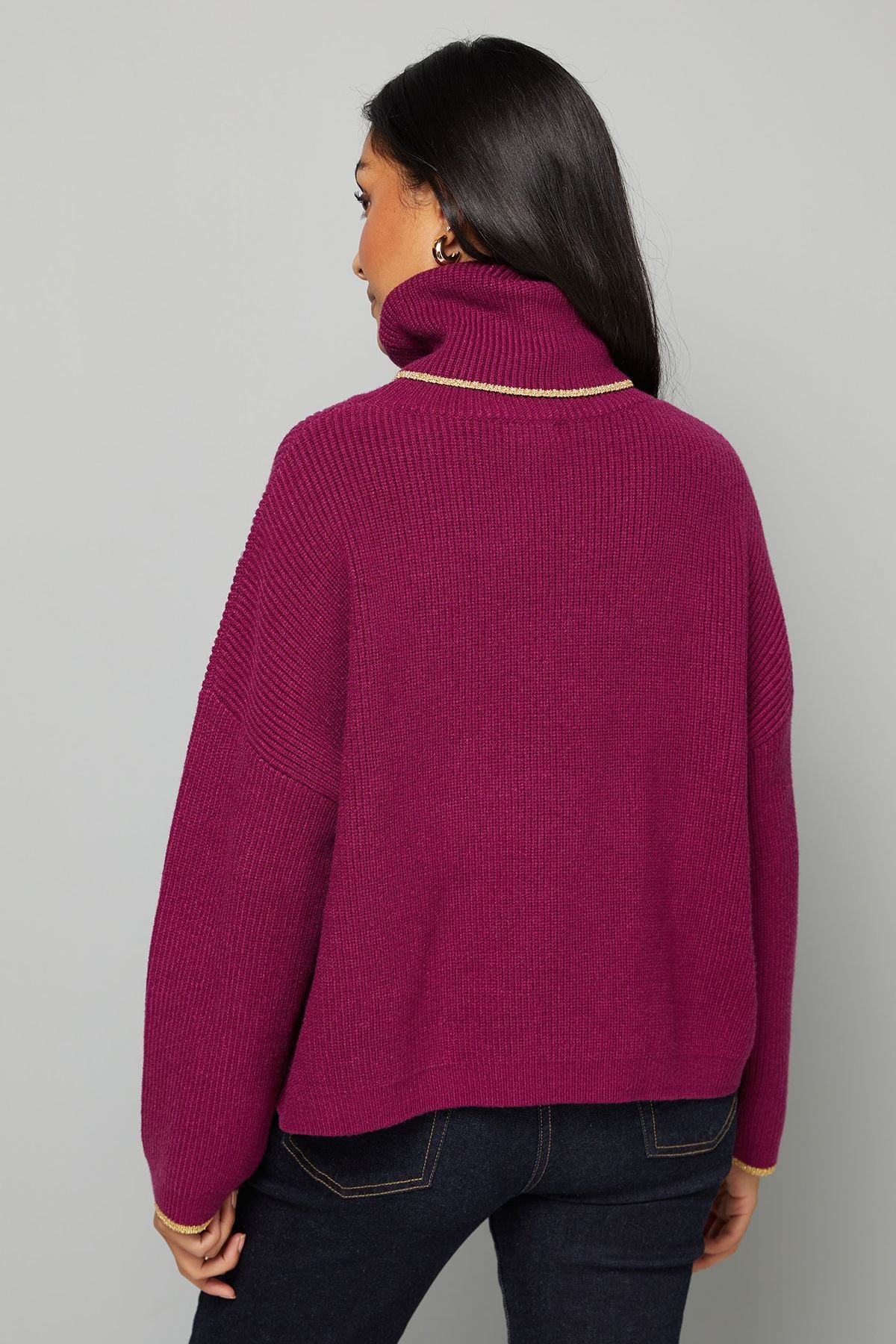 Wallis Wallis Women's Petite Roll Neck Gold Detail Jumper in Plum - 4