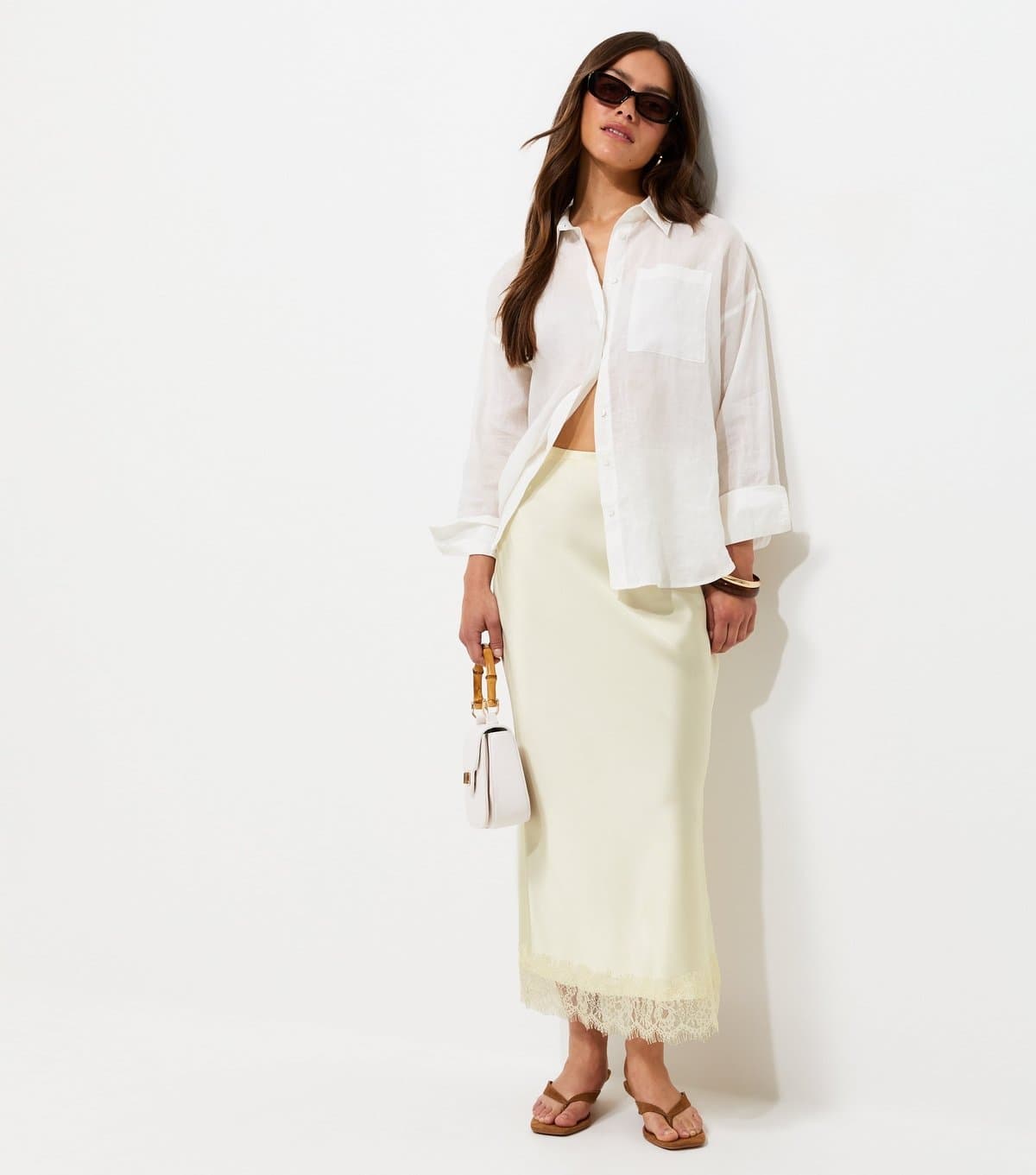 New Look Women's Petite Cream Satin Lace Trim Midi Skirt New Look