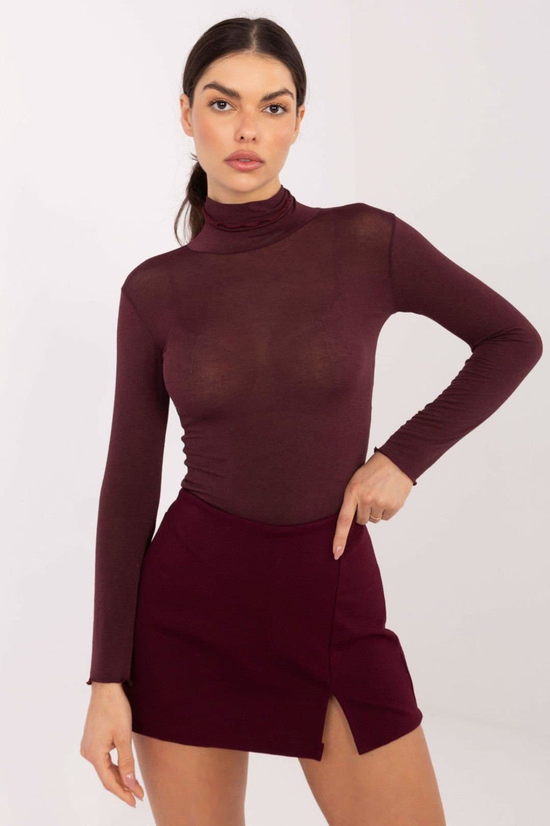 Love Lace Love Lace Women's Elegant Fitted Long Sleeve Turtleneck Blouse in Burgundy