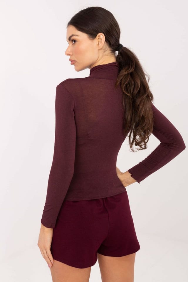 Love Lace Love Lace Women's Elegant Fitted Long Sleeve Turtleneck Blouse in Burgundy - 3