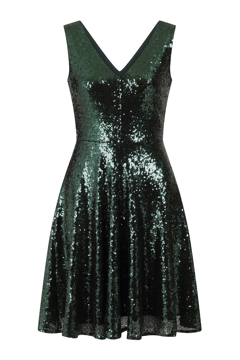 Hot Squash Hot Squash Women's Sequin V Neck Fit & Flare Dress in Bottle Green - 3
