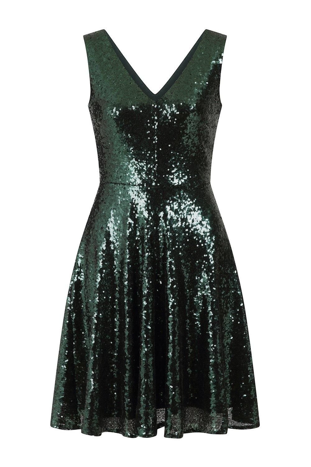 Hot Squash Hot Squash Women's Sequin V Neck Fit & Flare Dress in Bottle Green - 4
