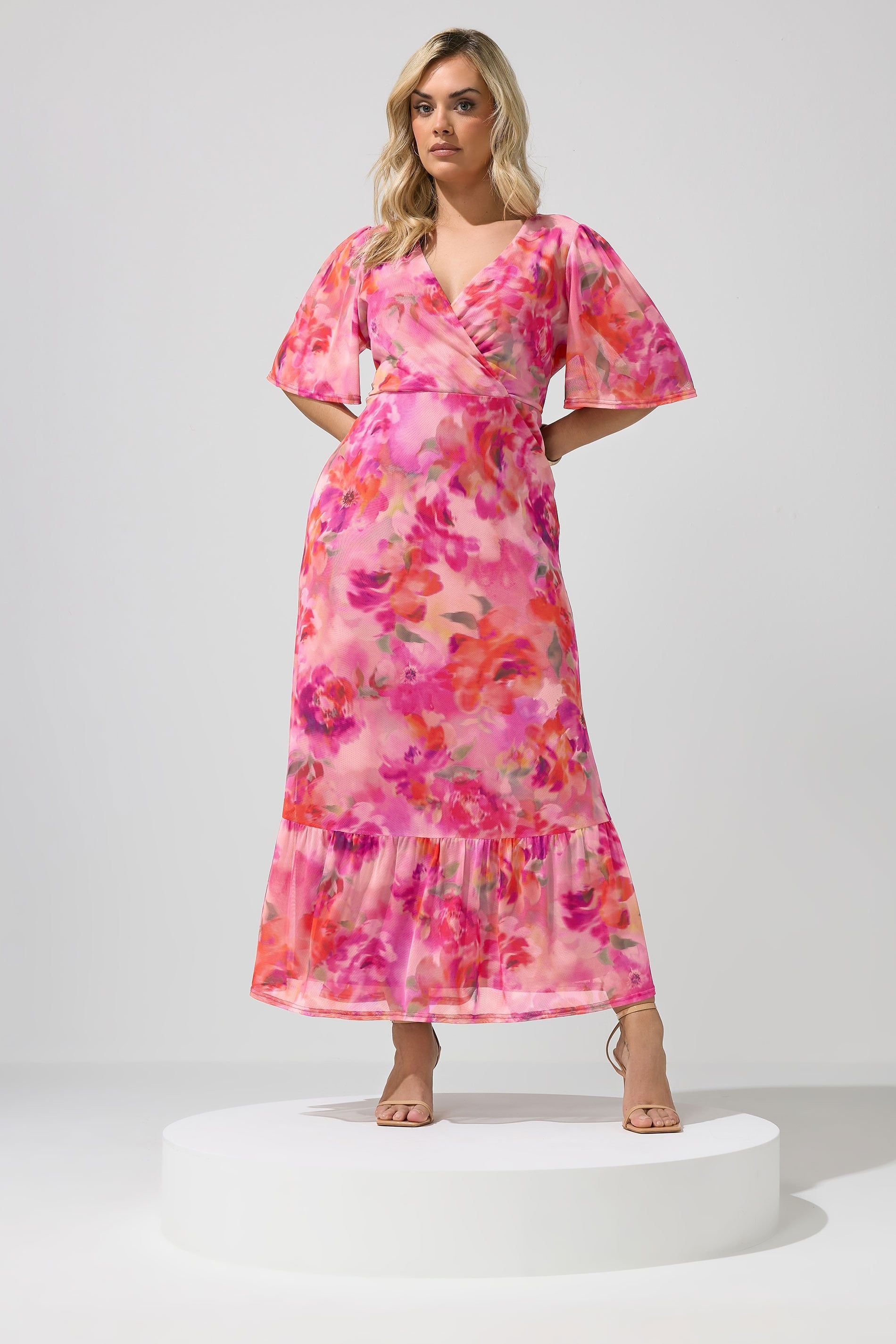 Yours Yours Women's Floral Wrap Ruffle Hem Dress in Pink - 3