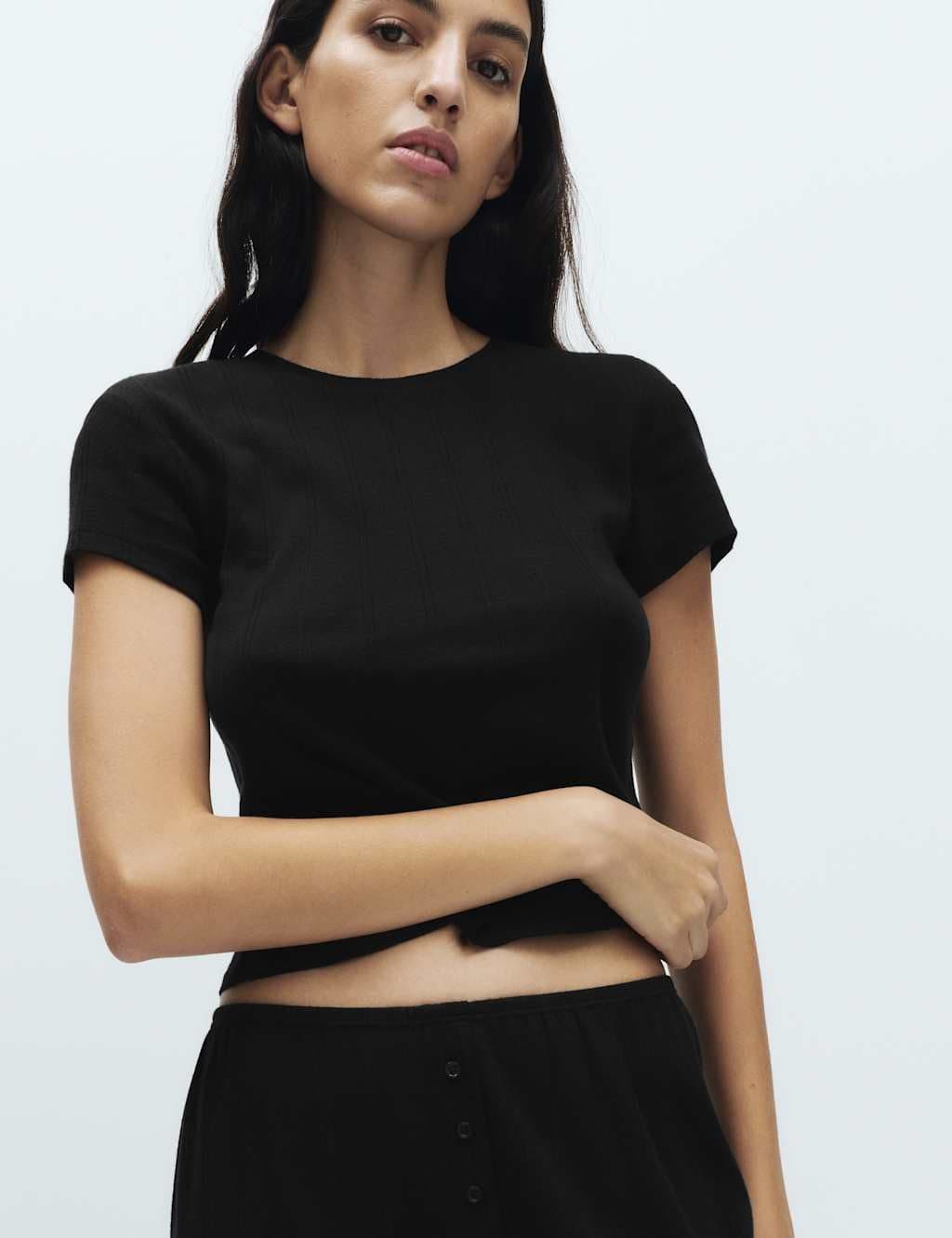 Marks & Spencer M&S Pure Cotton Pointelle Pyjama Top Black