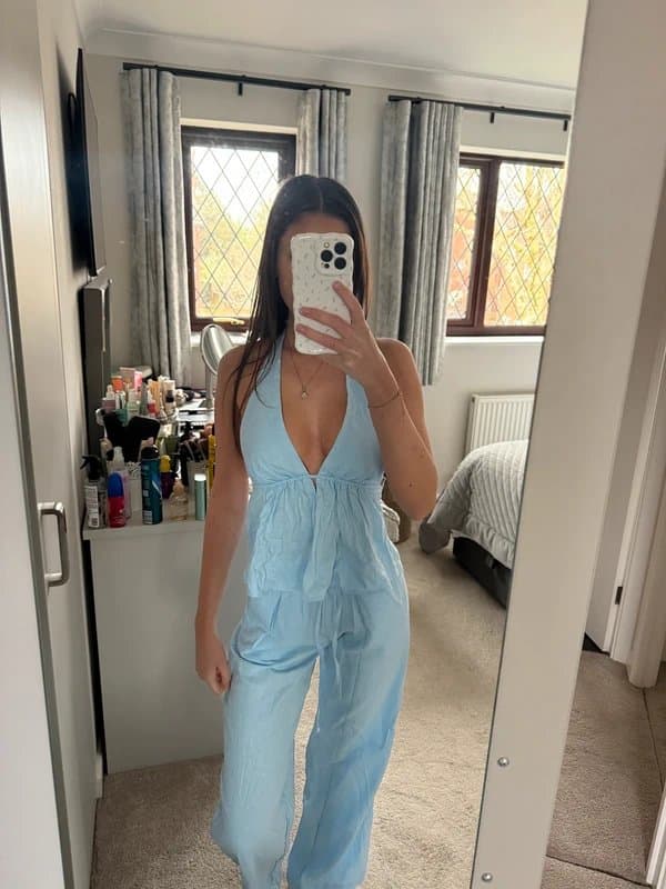 Bershka Bershka Linen Blend Co Ord in Light Blue