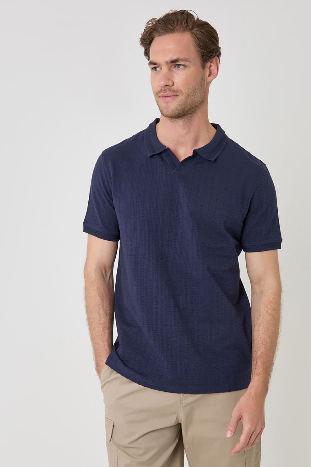 Threadbare Threadbare Men's Trophy Neck Textured Stretch Cotton Polo Shirt in Navy