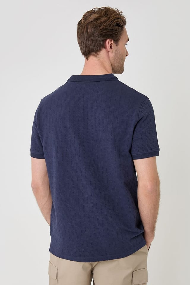 Threadbare Threadbare Men's Trophy Neck Textured Stretch Cotton Polo Shirt in Navy - 2