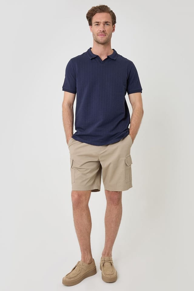 Threadbare Threadbare Men's Trophy Neck Textured Stretch Cotton Polo Shirt in Navy - 3
