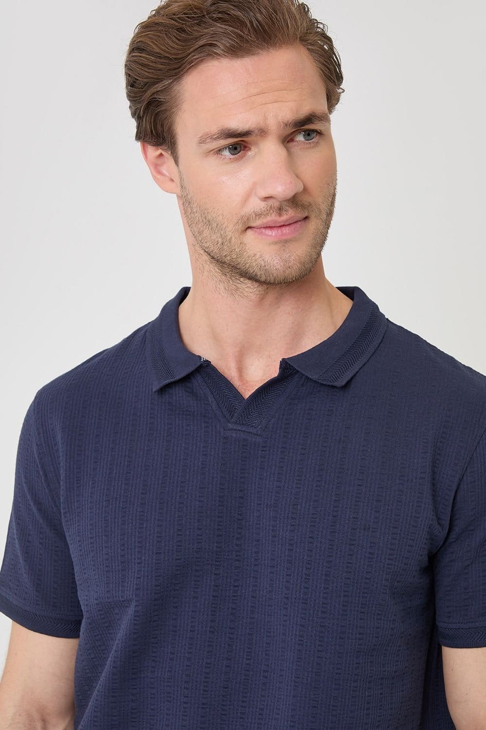 Threadbare Threadbare Men's Trophy Neck Textured Stretch Cotton Polo Shirt in Navy - 4