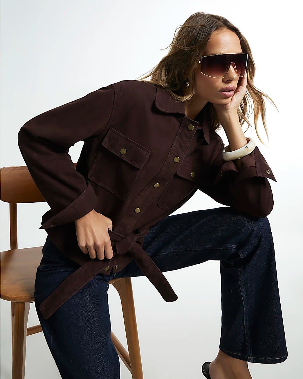 River Island River Island Womens Brown Suede Belted Jacket