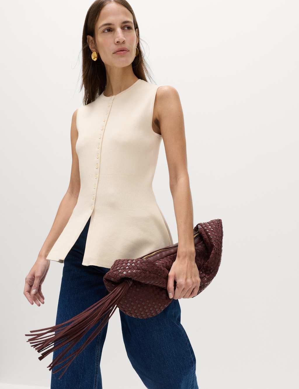 Marks & Spencer M&S Ribbed Peplum Waisted Knitted Waistcoat Ecru