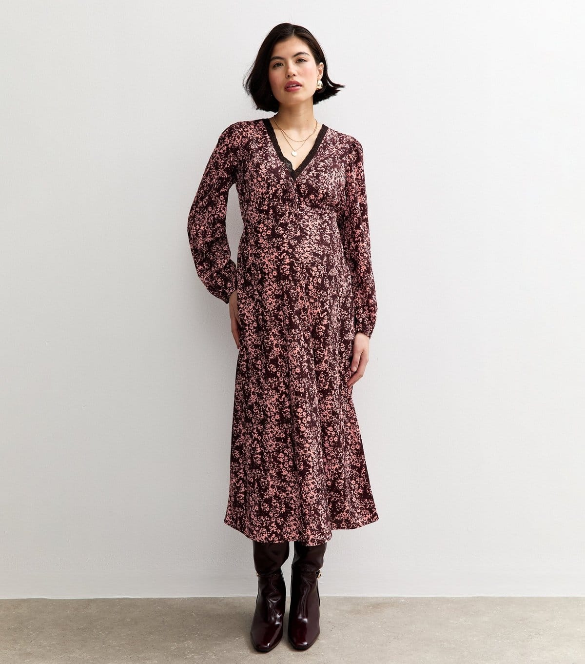 New Look Maternity Burgundy Floral Lace Trim Midi Dress