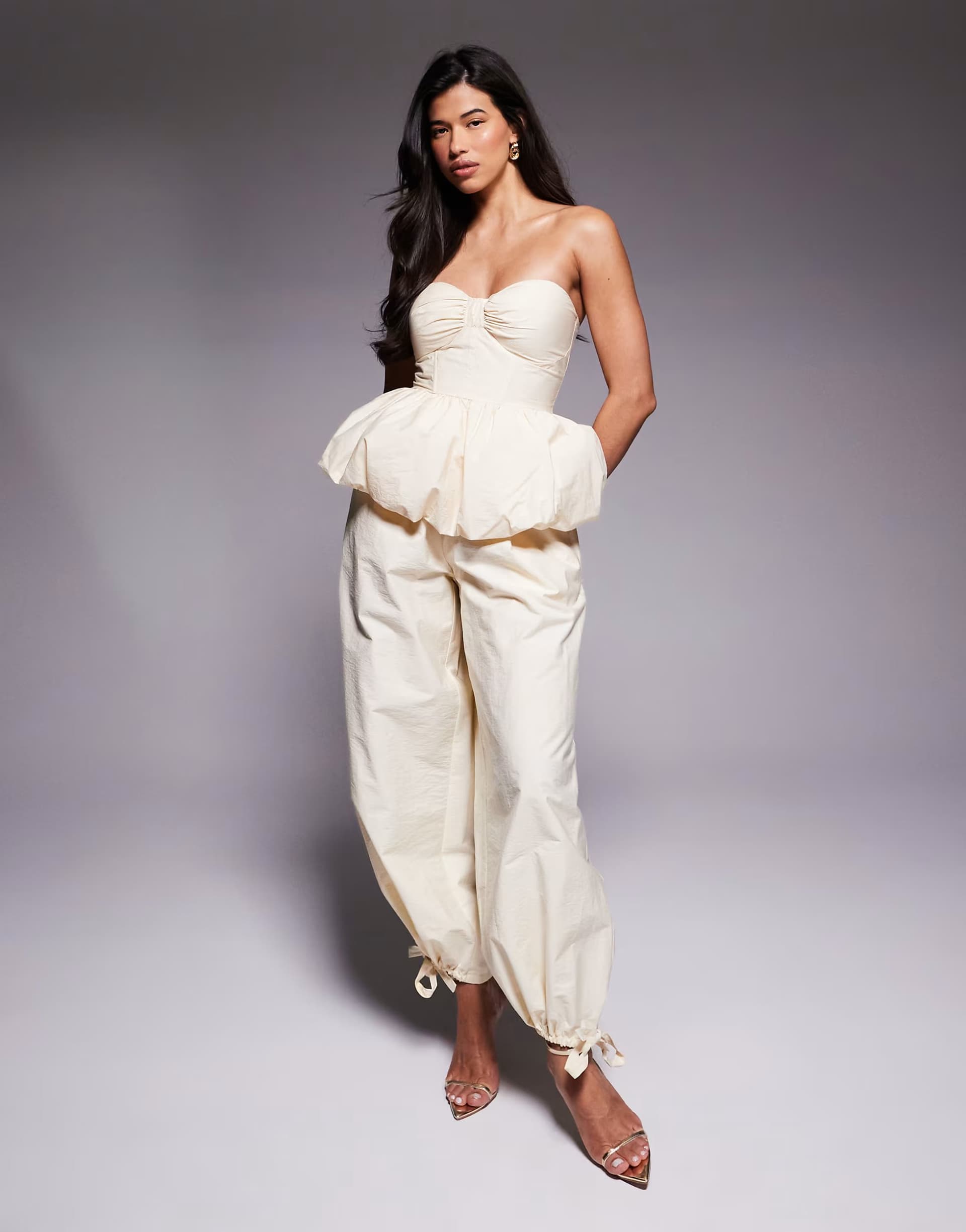 ASOS ASOS LUXE co-ord bubble hem corset bandeau top and trousers in buttermilk