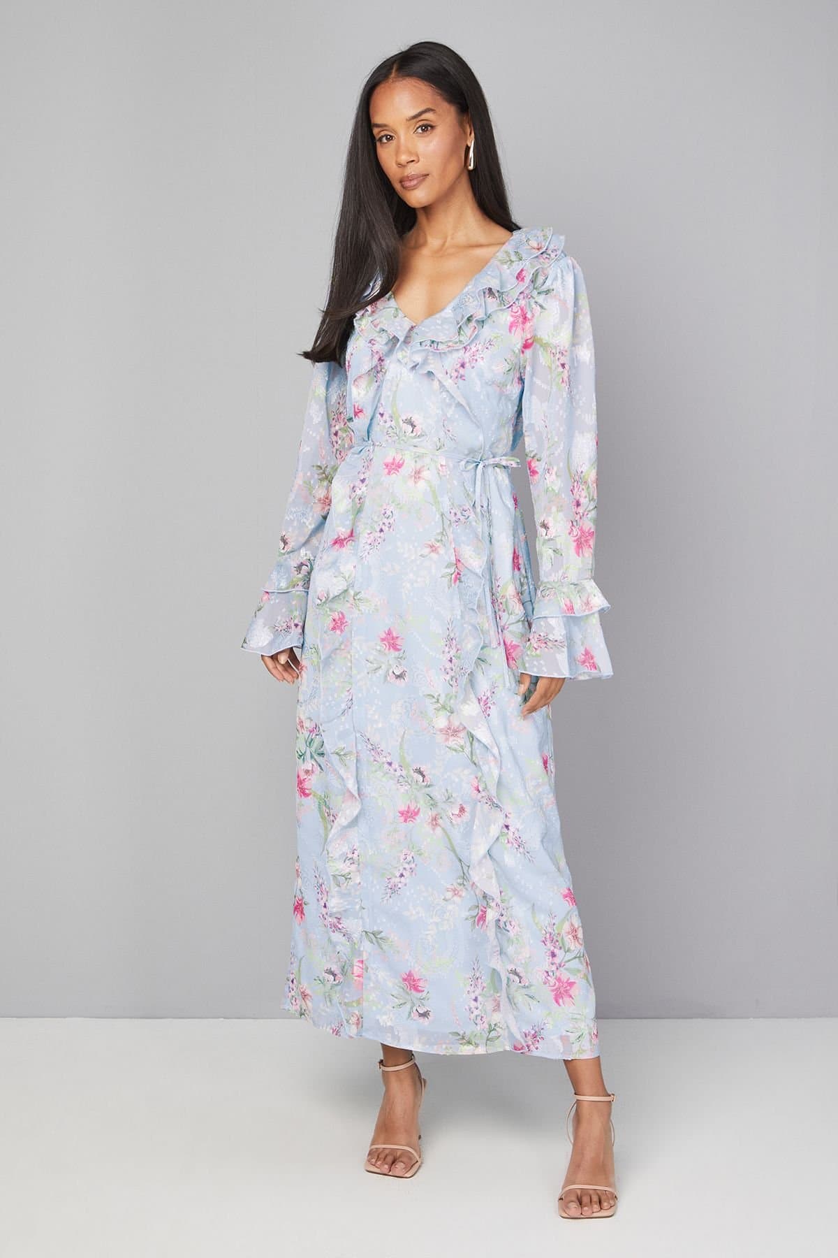 Wallis Wallis Women's Floral Ruffle Belted Midaxi Dress in Blue