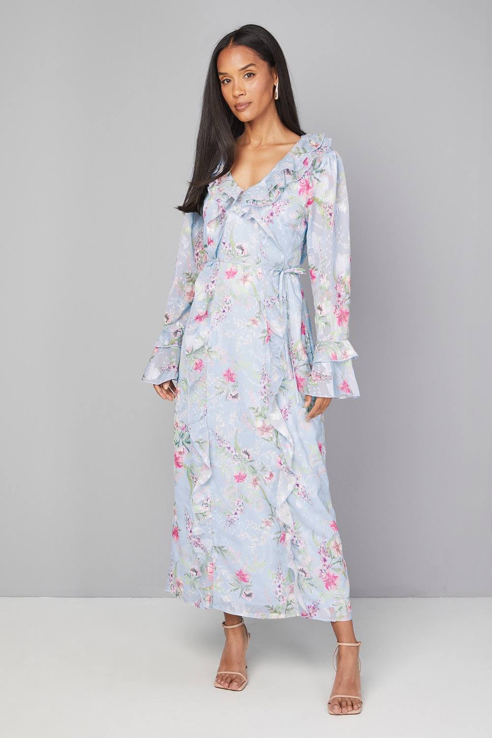Wallis Wallis Women's Floral Ruffle Belted Midaxi Dress in Blue - 2