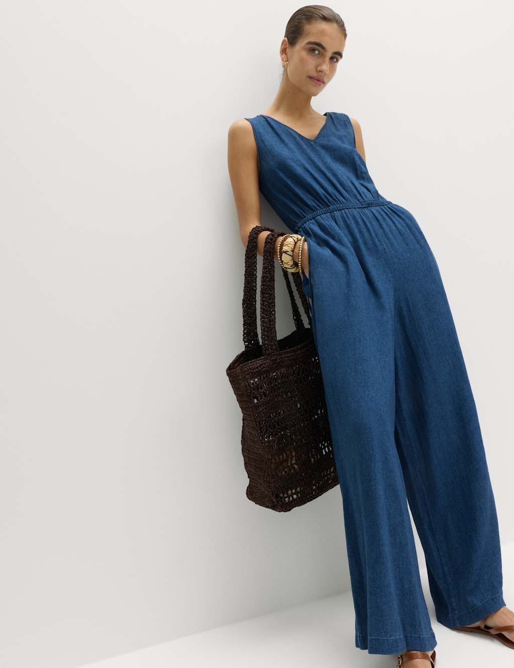 M&S Linen Rich Tie Detail Jumpsuit Indigo