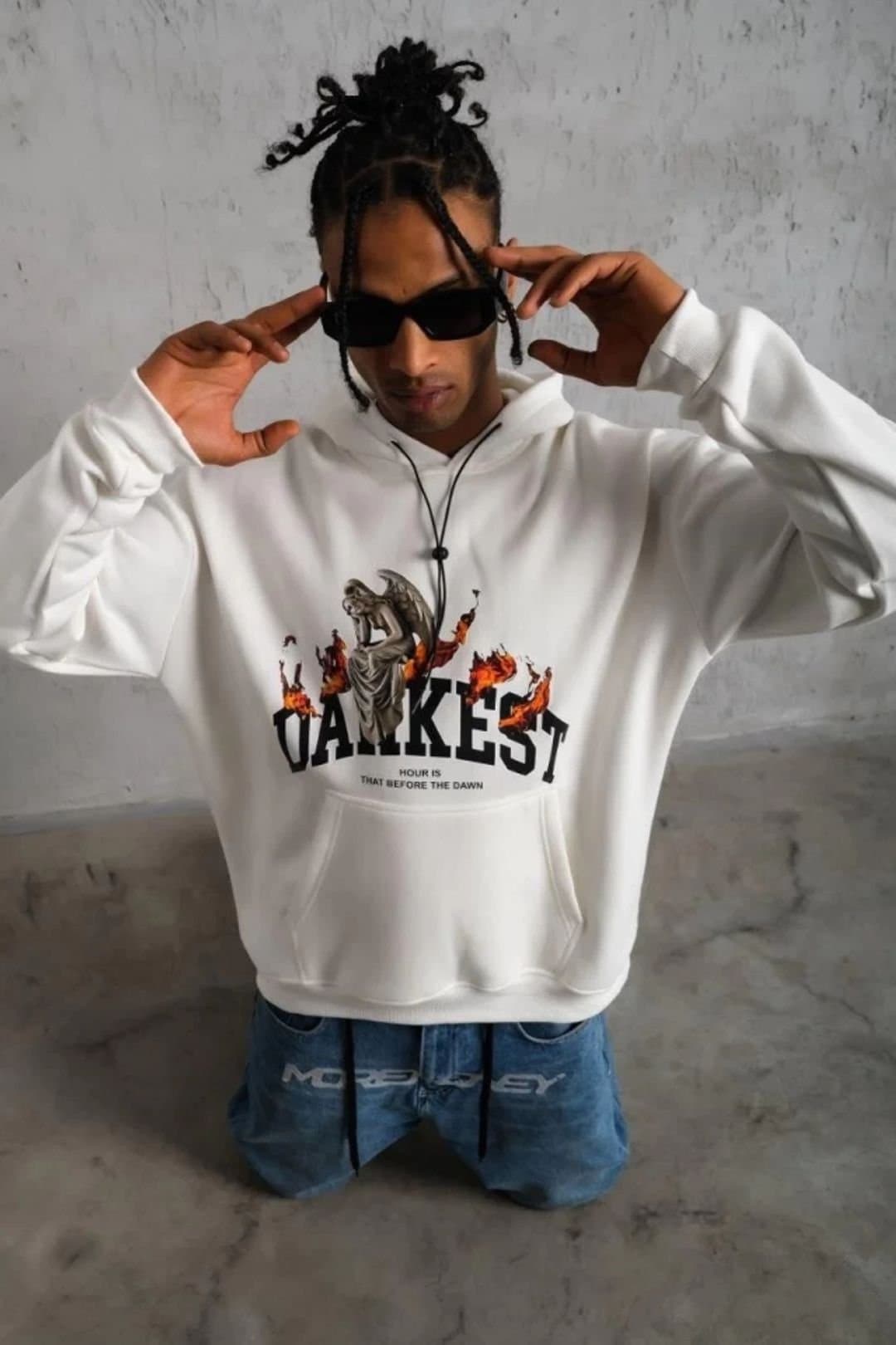 Janes Janes Men's Hooded Oversized Printed Sweatshirt with Pocket in White
