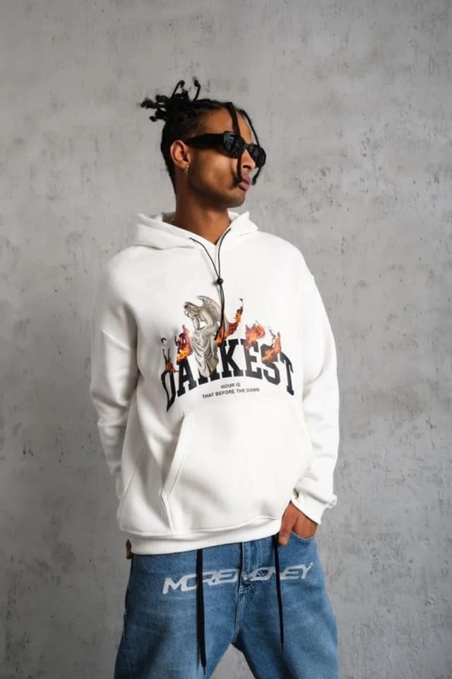 Janes Janes Men's Hooded Oversized Printed Sweatshirt with Pocket in White - 3