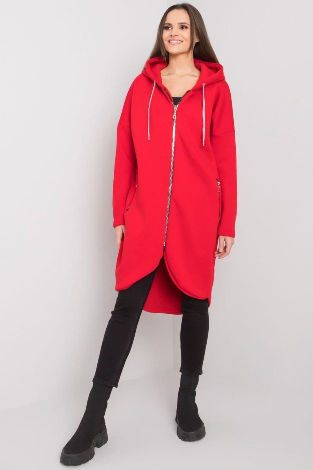 Love Lace Love Lace Women's Asymmetrical Hem Hooded Zip Sweatshirt in Red