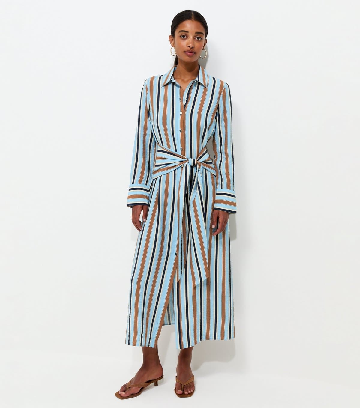 New Look Women's Blue Crinkle Texture Striped Long Sleeve Midi Shirt Dress New Look
