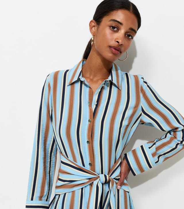 New Look Women's Blue Crinkle Texture Striped Long Sleeve Midi Shirt Dress New Look - 2