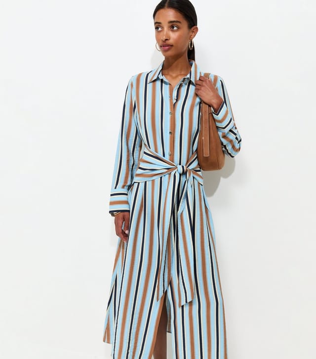 New Look Women's Blue Crinkle Texture Striped Long Sleeve Midi Shirt Dress New Look - 3