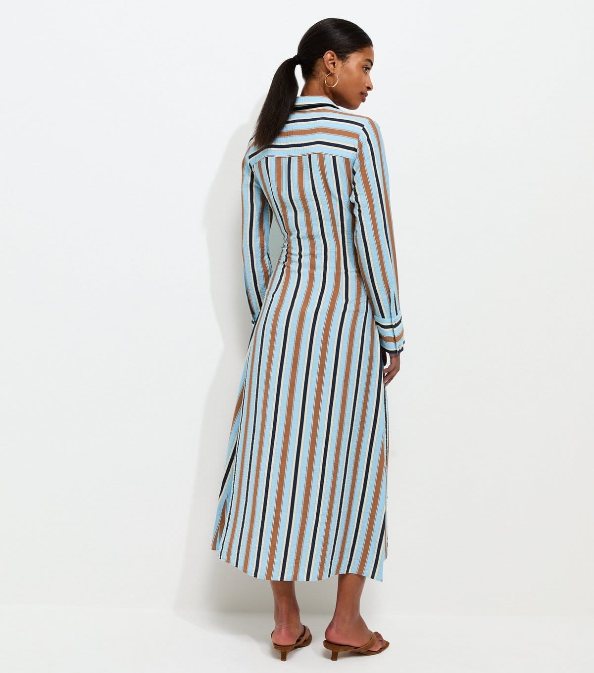 New Look Women's Blue Crinkle Texture Striped Long Sleeve Midi Shirt Dress New Look - 4