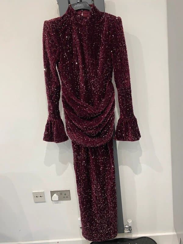 ASOS Asos luxe velvet sequin maxi dress with drape waist in burgundy