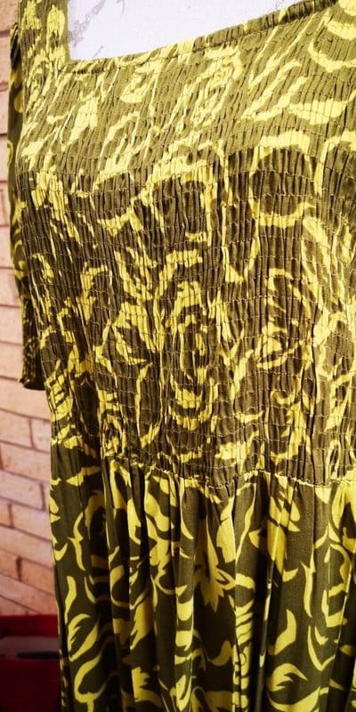 Van Hagues Lime Green & Khaki Floral Smocked Dress Size 18