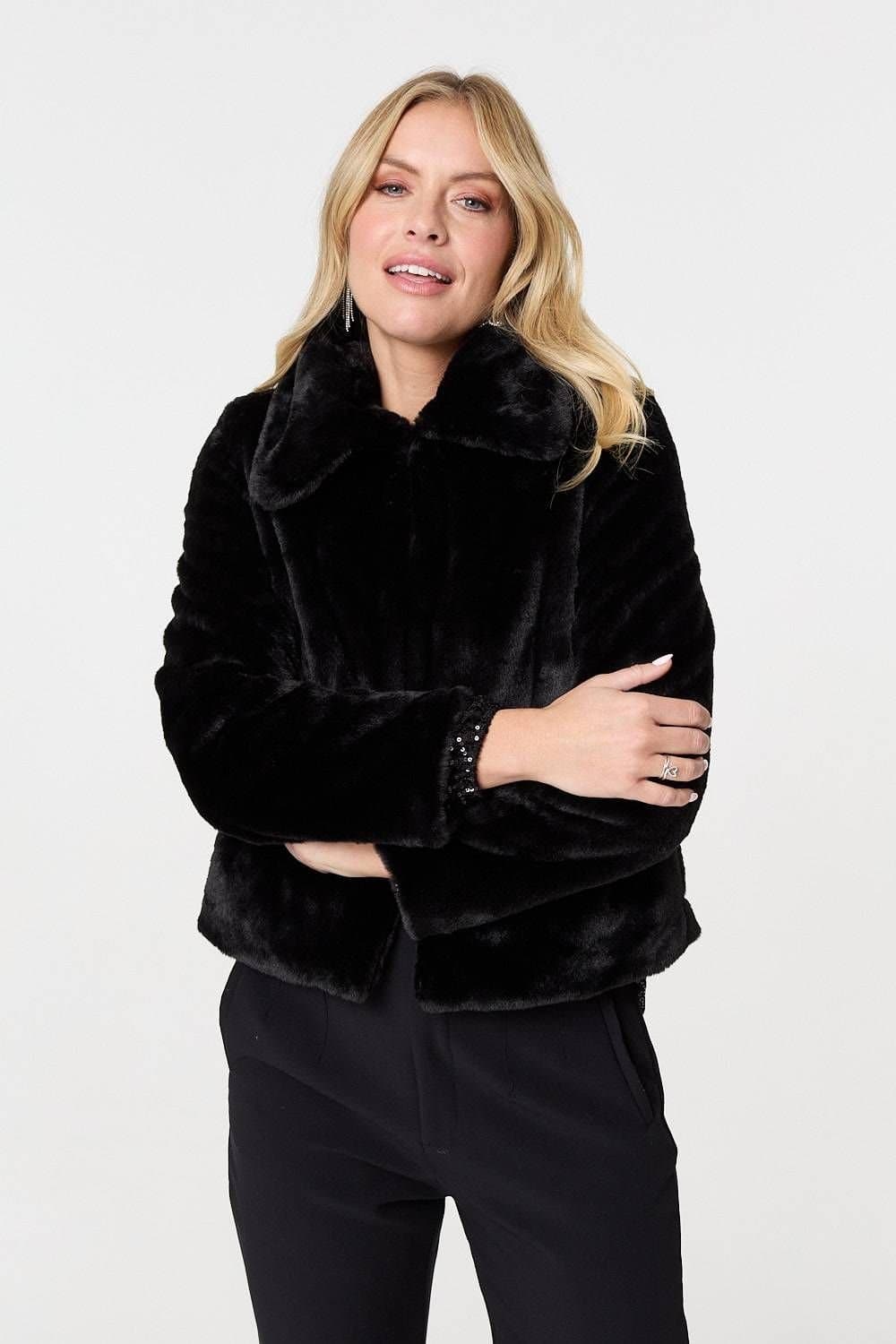 Izabel London Izabel London Women's Faux Fur Zip Detail Cropped Jacket in Black