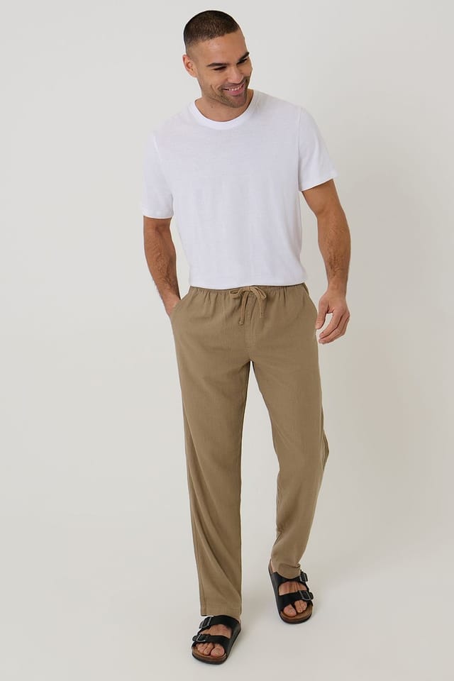 Threadbare Threadbare Men's Linen Blend Drawcord Trousers in Taupe - 3
