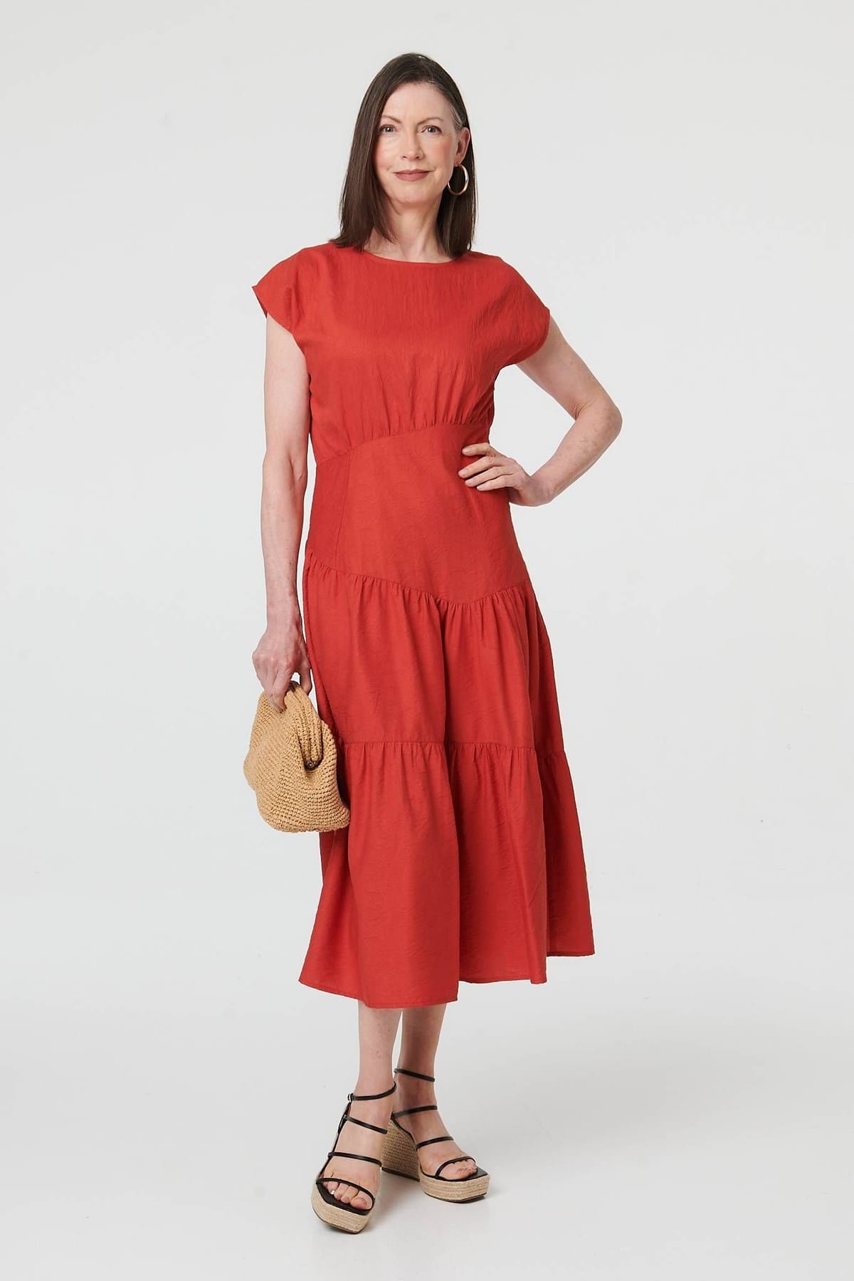 Izabel London Izabel London Women's Cap Sleeve Asymmetric Tiered Midi Dress in Orange - 1