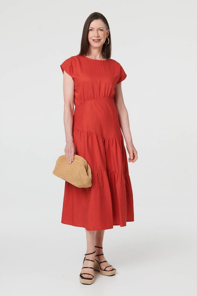 Izabel London Izabel London Women's Cap Sleeve Asymmetric Tiered Midi Dress in Orange - 2