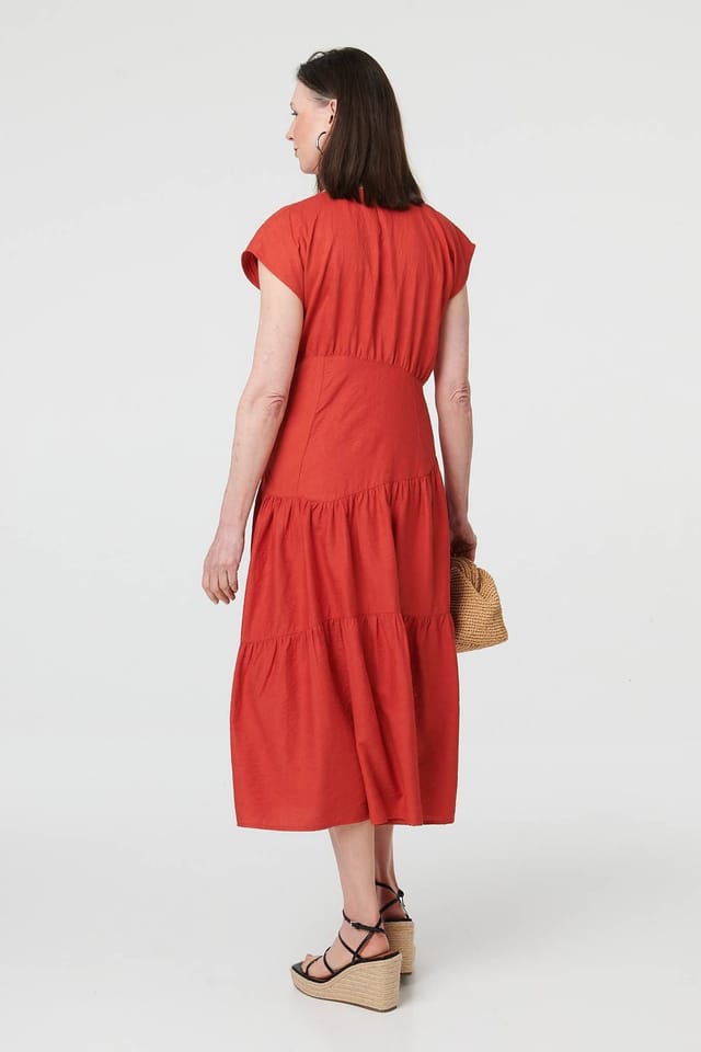 Izabel London Izabel London Women's Cap Sleeve Asymmetric Tiered Midi Dress in Orange - 3