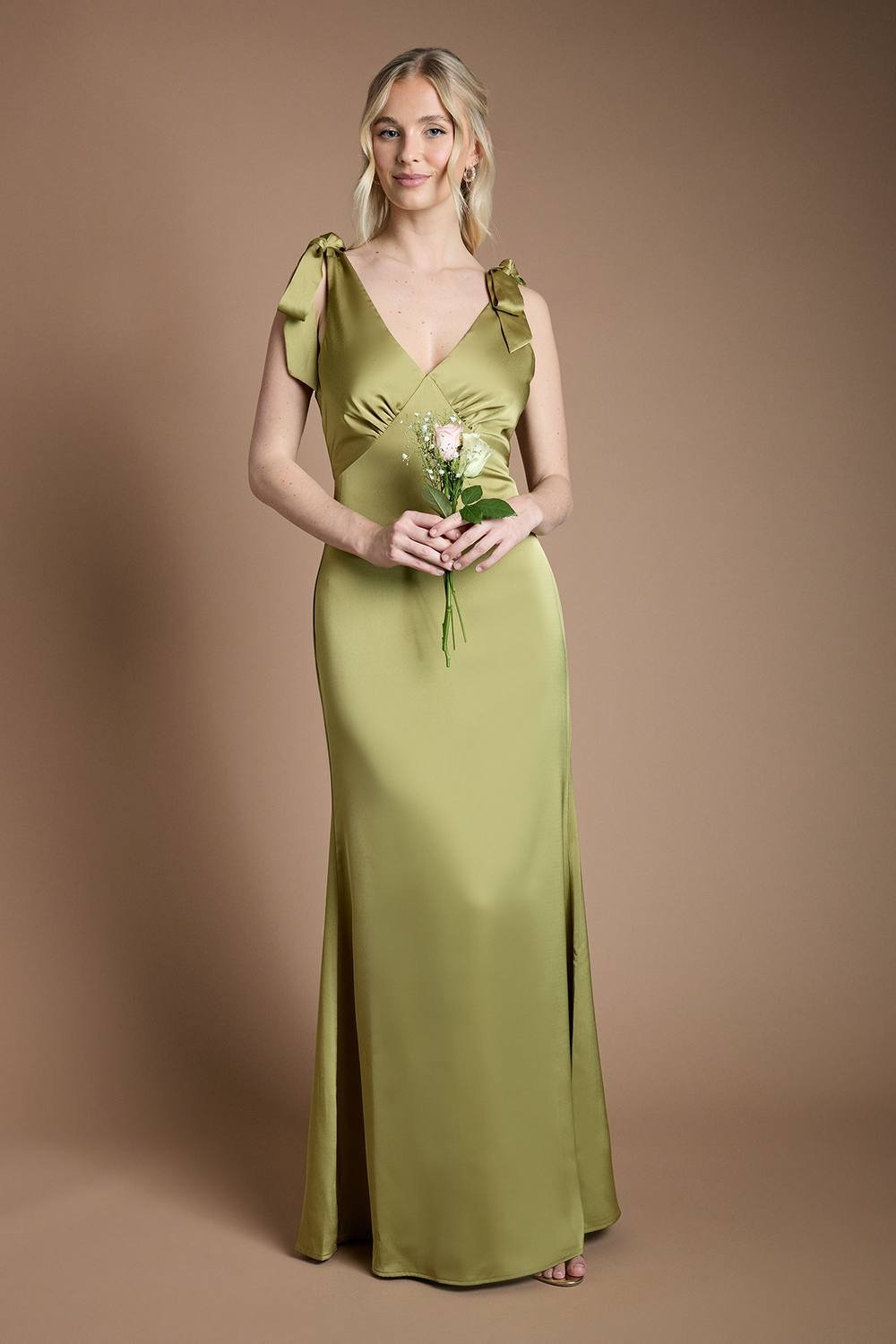 Coast Coast Women's Honoured Satin Back Crepe V Neck Tie Shoulder Maxi Bridesmaid Dress in Olive - 2
