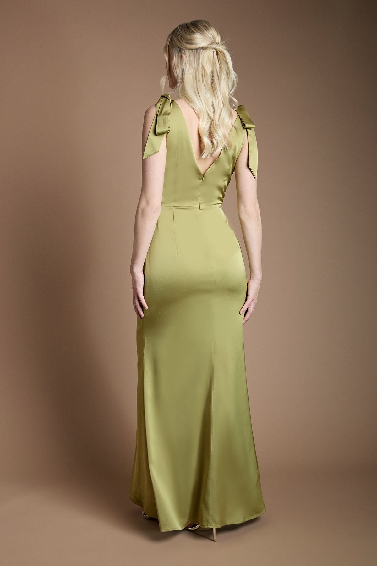 Coast Coast Women's Honoured Satin Back Crepe V Neck Tie Shoulder Maxi Bridesmaid Dress in Olive - 3
