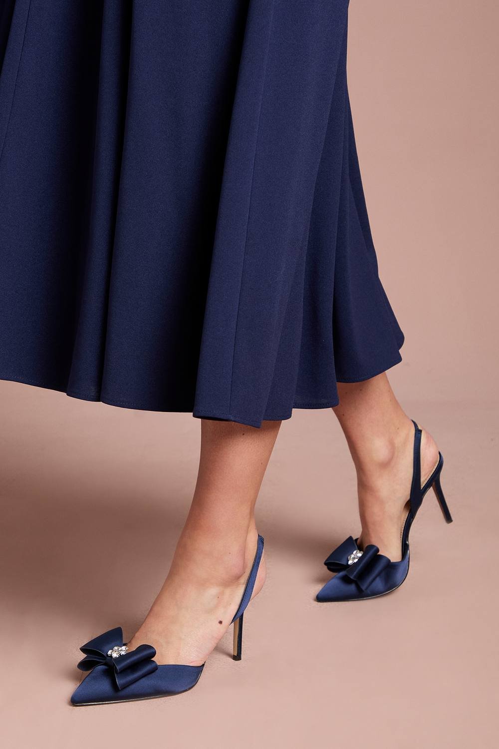 Coast Coast Women's Collette Satin Embellished Bow Detail High Heel Slingback Court Shoes in Navy - 2