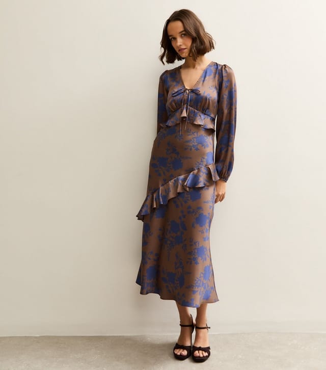 New Look Women's Brown Floral Satin Ruffled Midi Dress New Look - 3