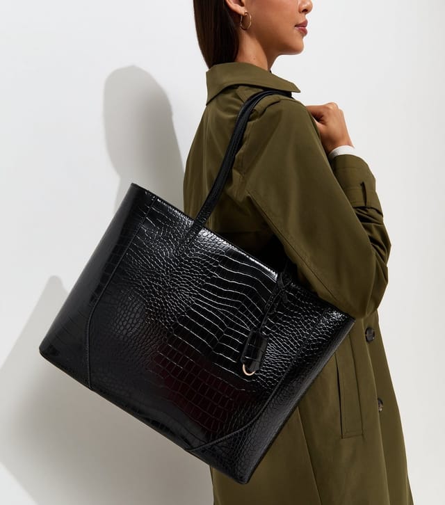 New Look Black Faux Leather Crocodile Embossed Tote Bag Vegan New Look - 2