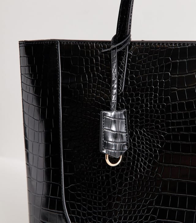 New Look Black Faux Leather Crocodile Embossed Tote Bag Vegan New Look - 3