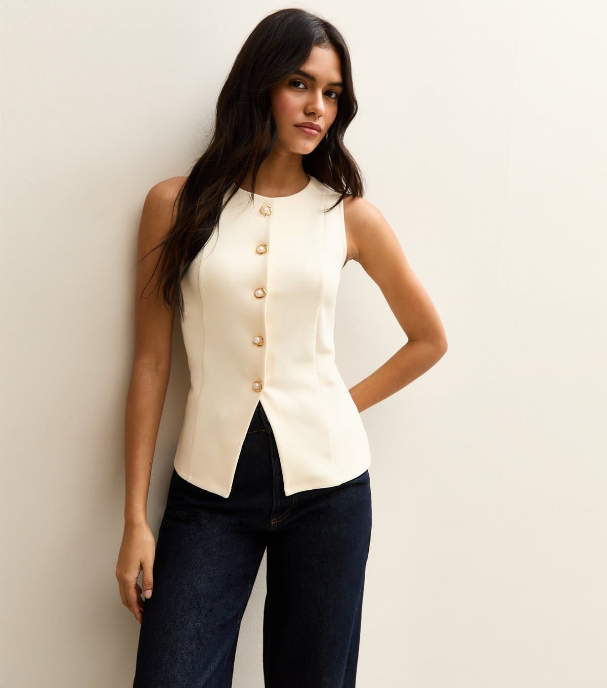 New Look Women's Off White Crew Faux Pearl Button Waistcoat New Look