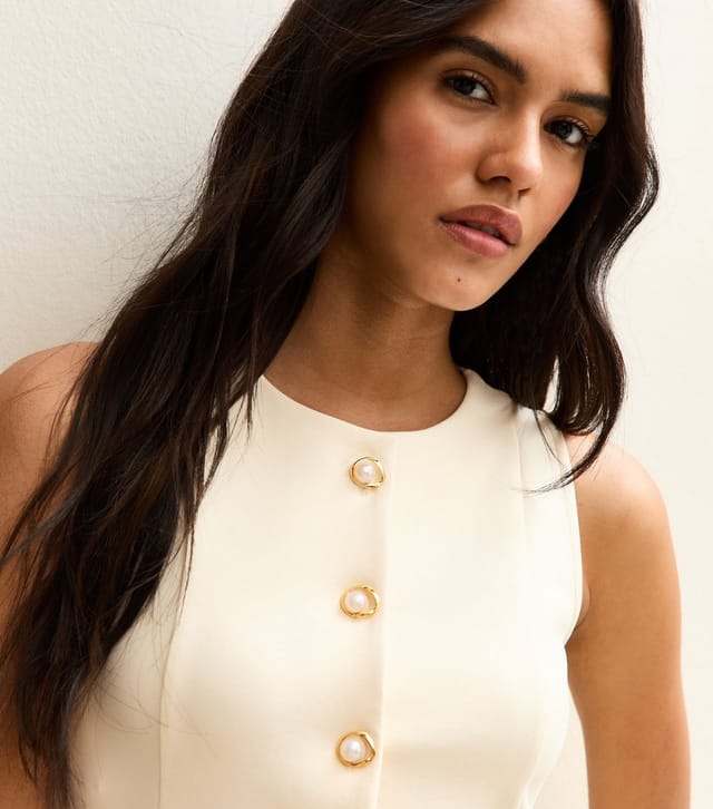 New Look Women's Off White Crew Faux Pearl Button Waistcoat New Look - 2