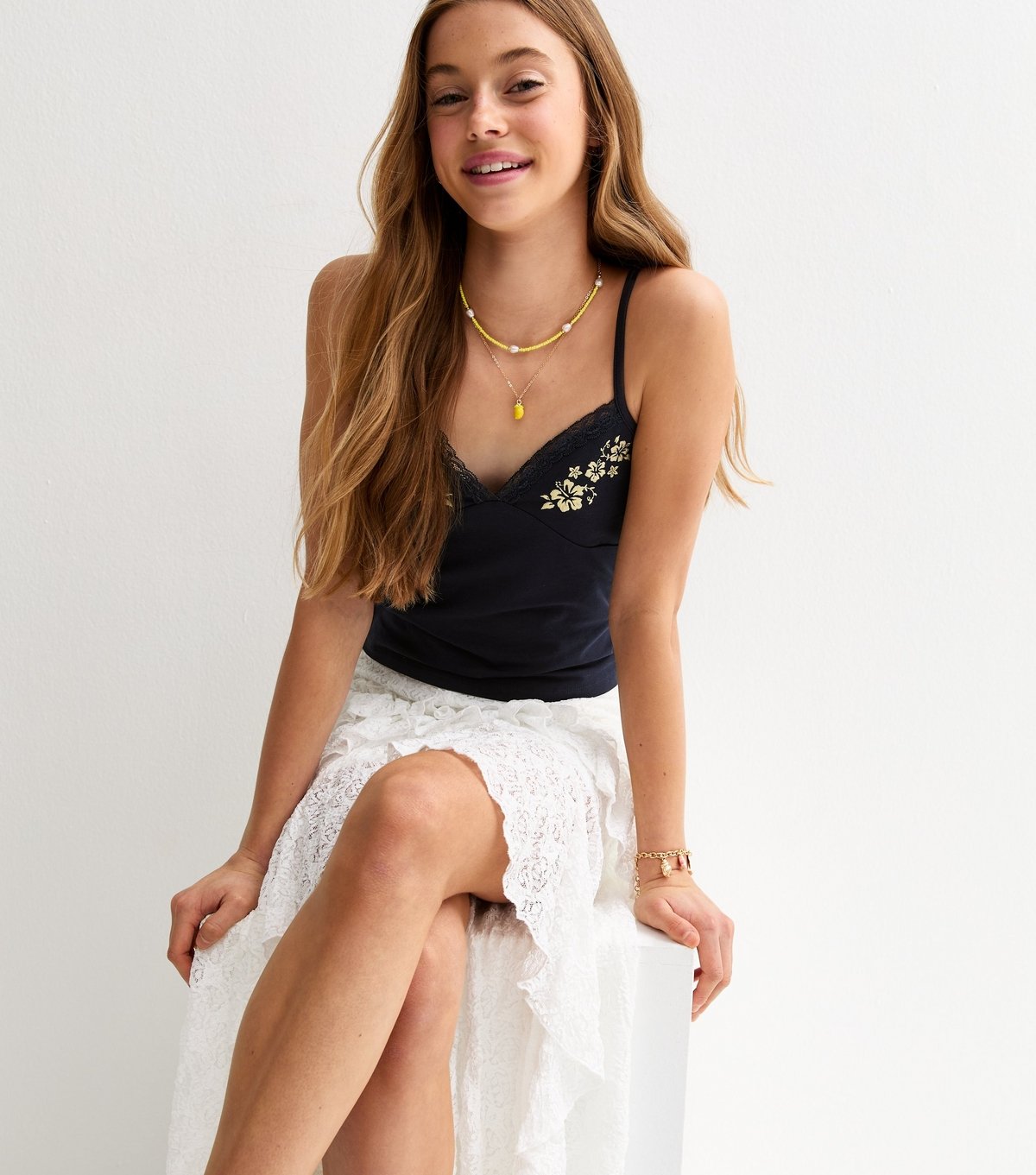 New Look Girls' Navy Floral Embroidered Lace Trimmed Cami Top New Look - 1